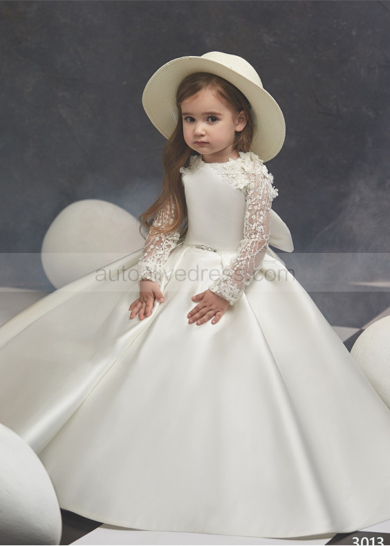 Long Sleeve Beaded Lace Satin Keyhole Back Flower Girl Dress